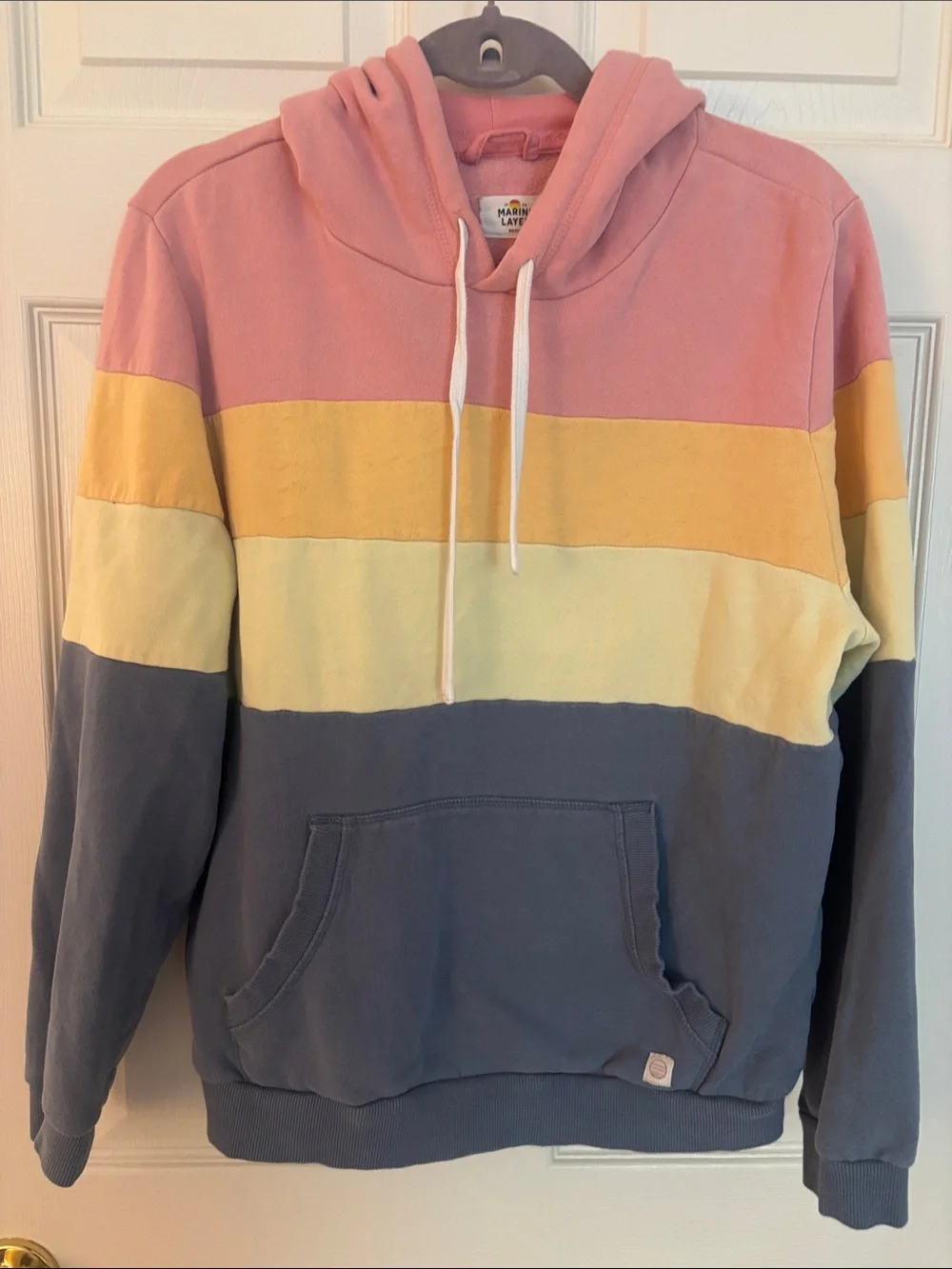 Marine Layer Men’s Colorblock Crewneck Hoodie in Pink, Yellow, Cream, Blue-Gray - Picture 1 of 4